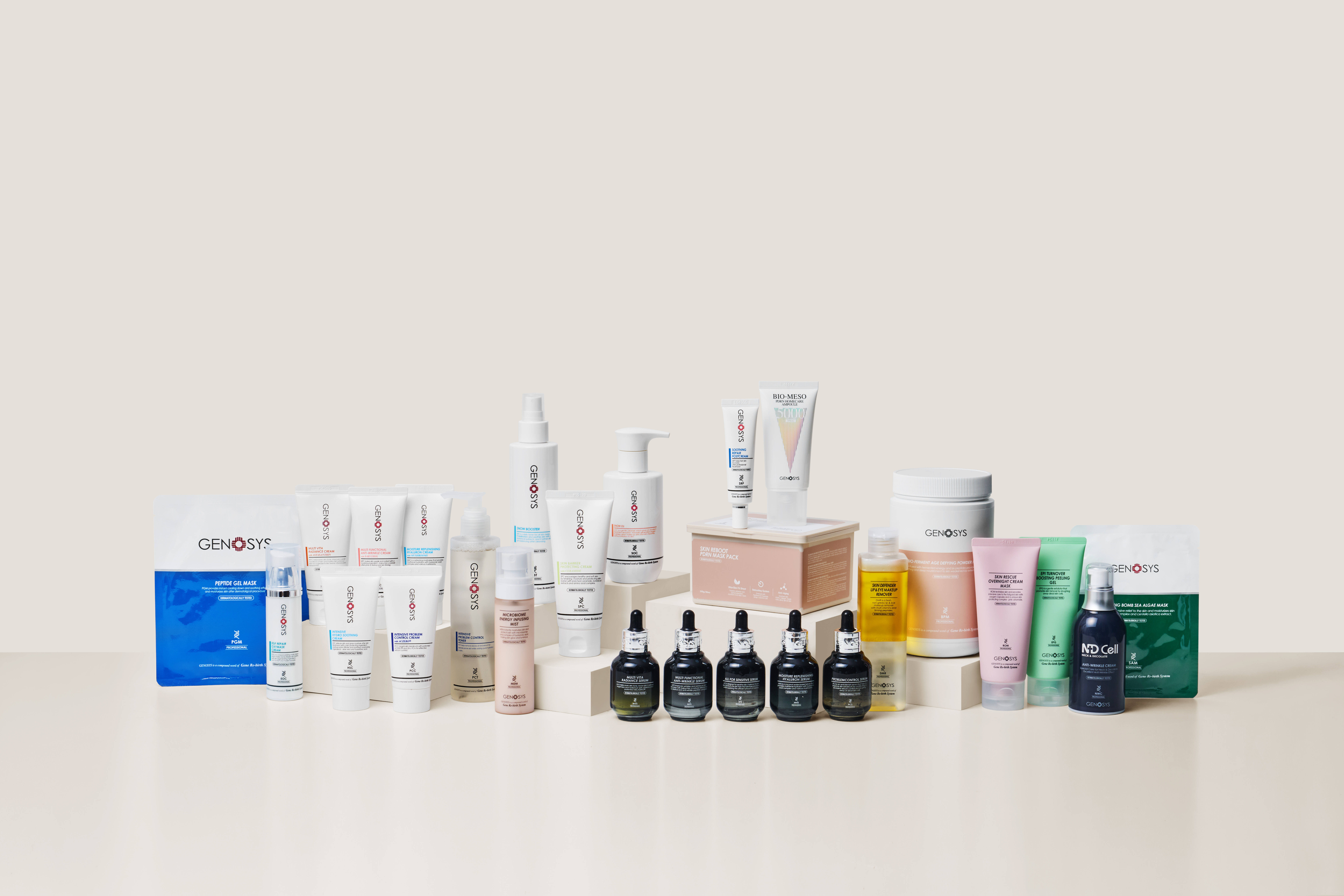 GENOSYS skincare product range including serums, creams, masks and professional treatment products displayed together